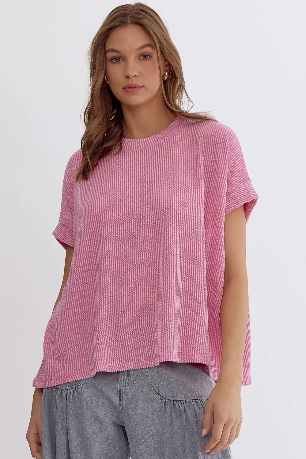 Asymmetrical Hem Ribbed Short Sleeve Top