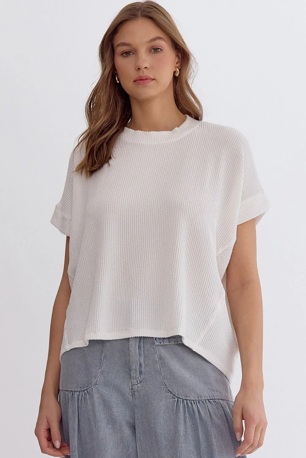 Asymmetrical Hem Ribbed Short Sleeve Top