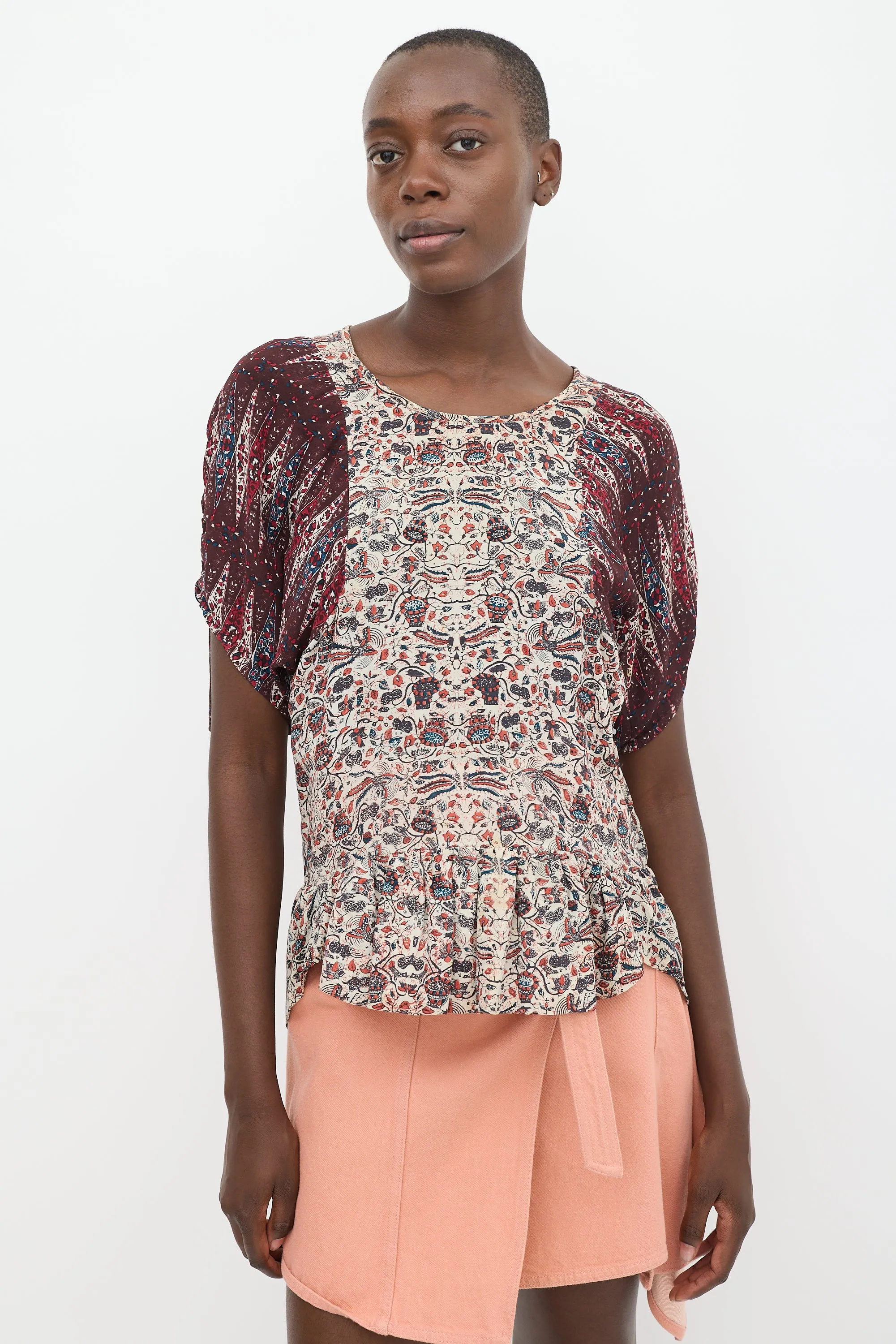 Beige & Burgundy Silk Floral Contrast Sleeve Top