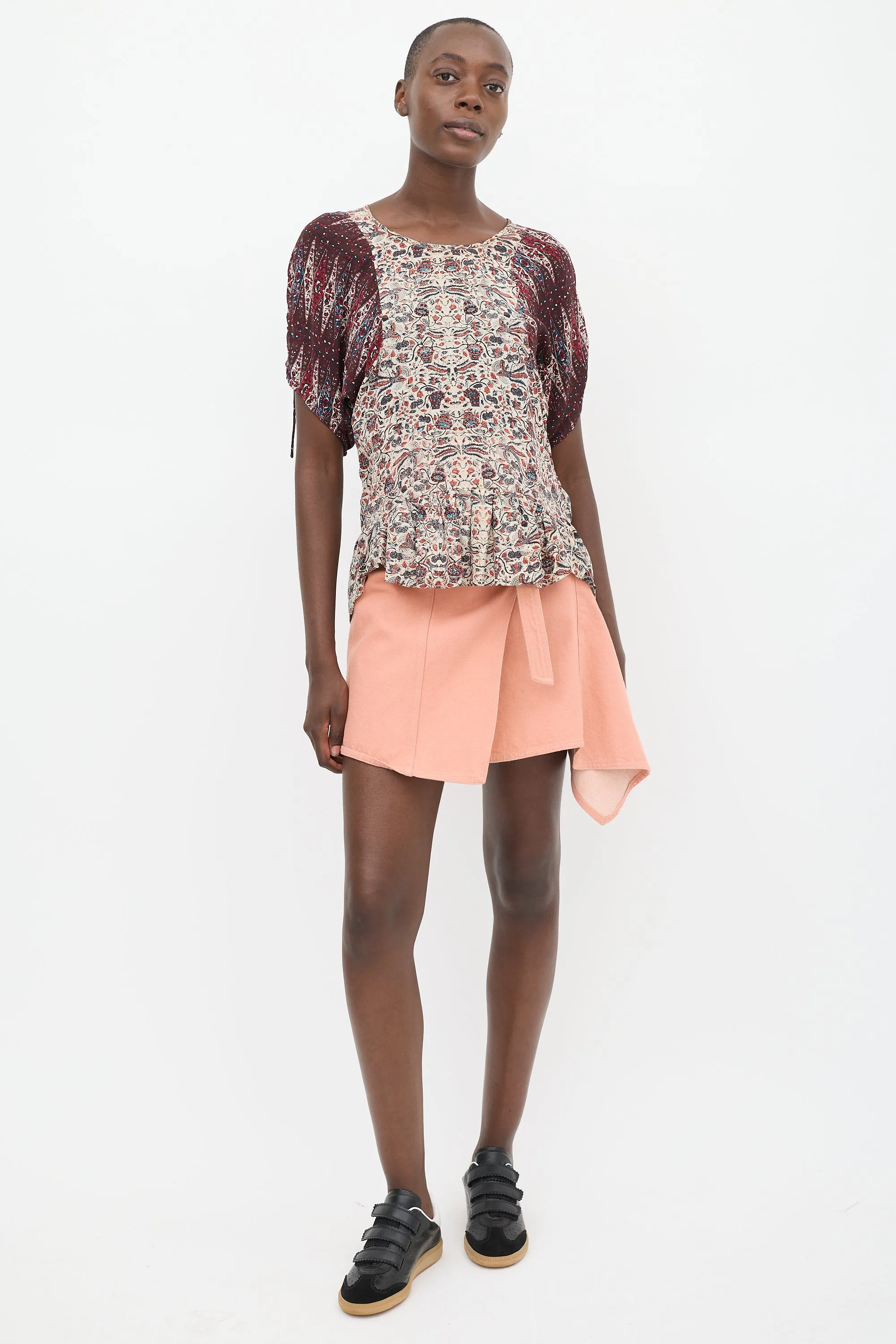 Beige & Burgundy Silk Floral Contrast Sleeve Top