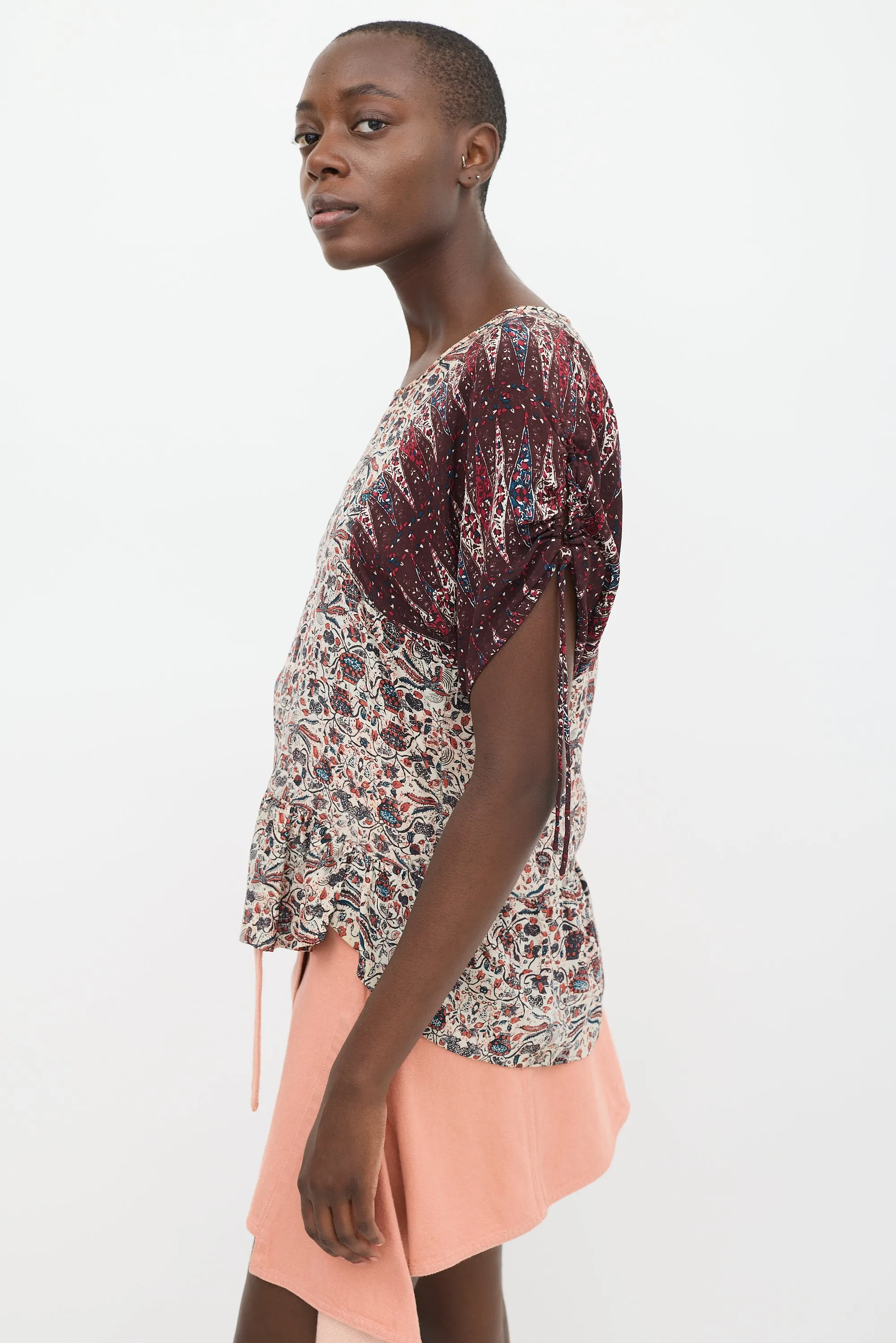 Beige & Burgundy Silk Floral Contrast Sleeve Top