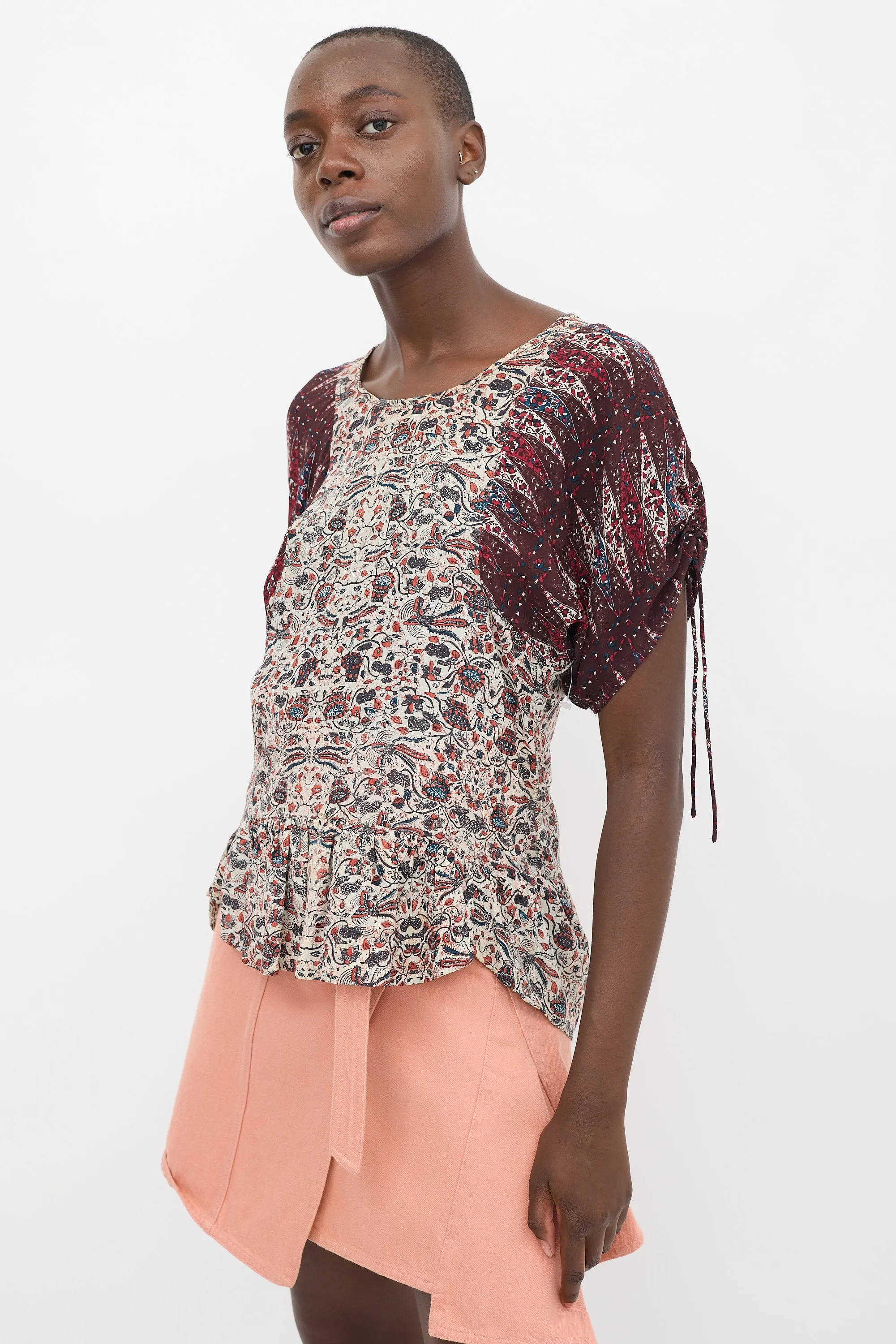 Beige & Burgundy Silk Floral Contrast Sleeve Top