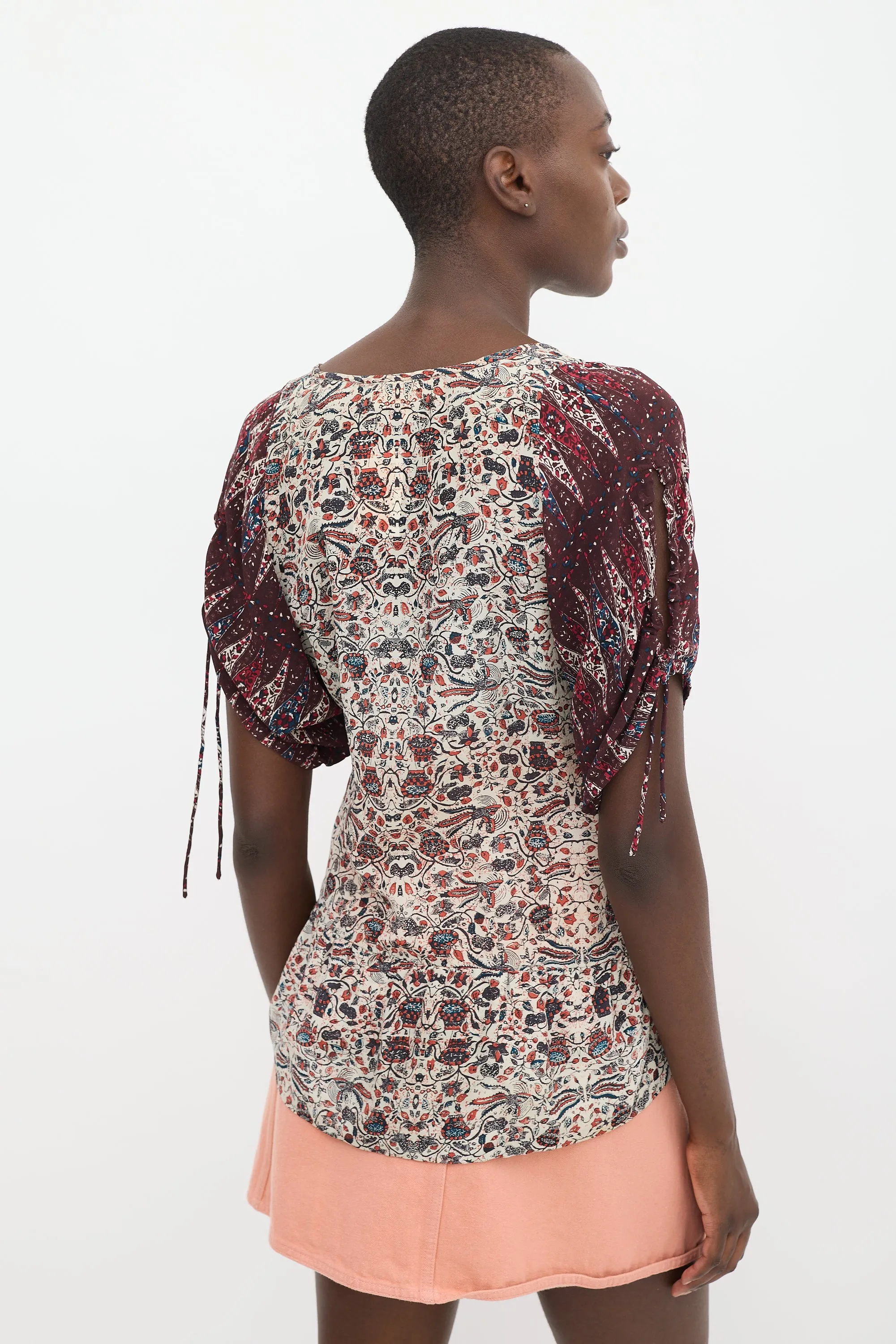 Beige & Burgundy Silk Floral Contrast Sleeve Top
