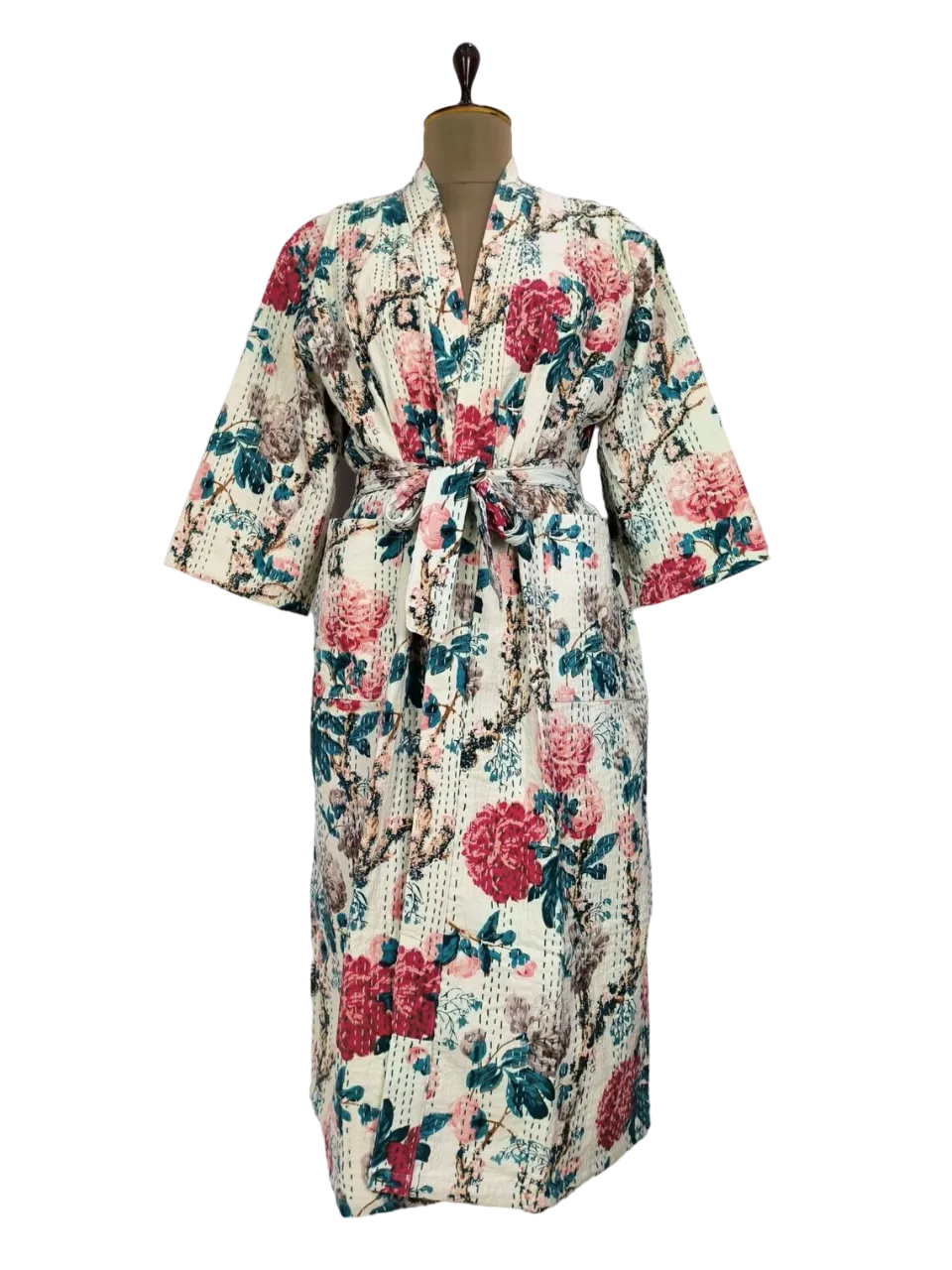 BEIGE FLORAL PRINT - KANTHA KIMONO ROBE
