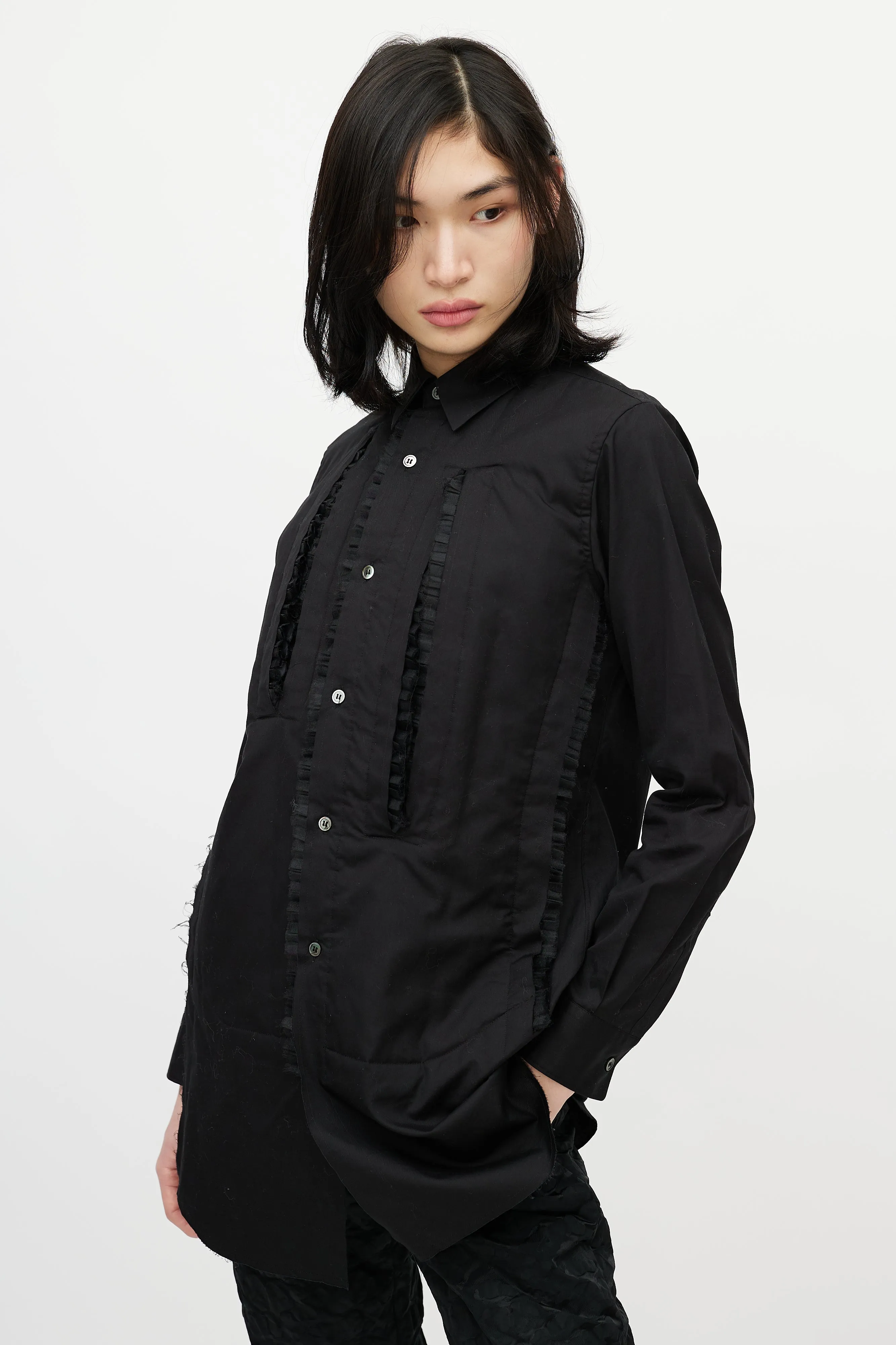 Black Cotton & Tulle Ruffle Shirt