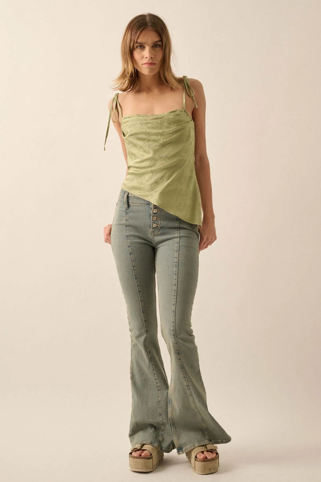 Bow Down Satin Jacquard Asymmetrical Cami Top