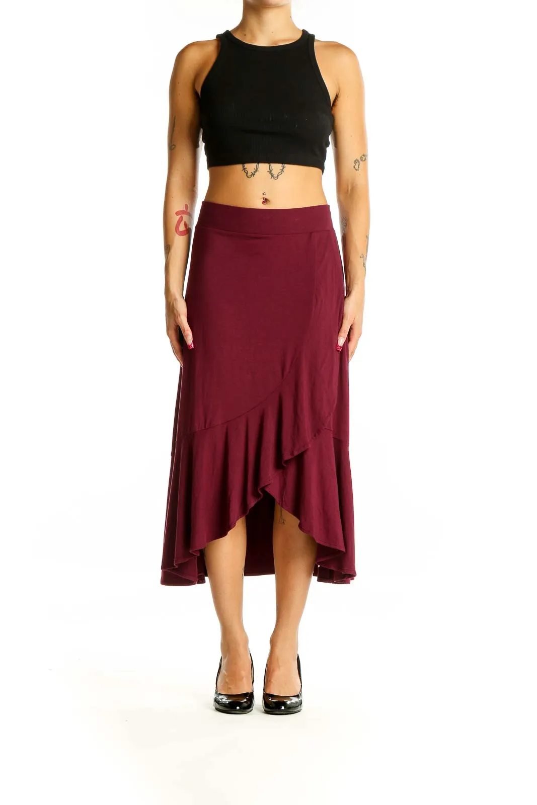 Burgundy Ruffled High-Low Midi Skirt