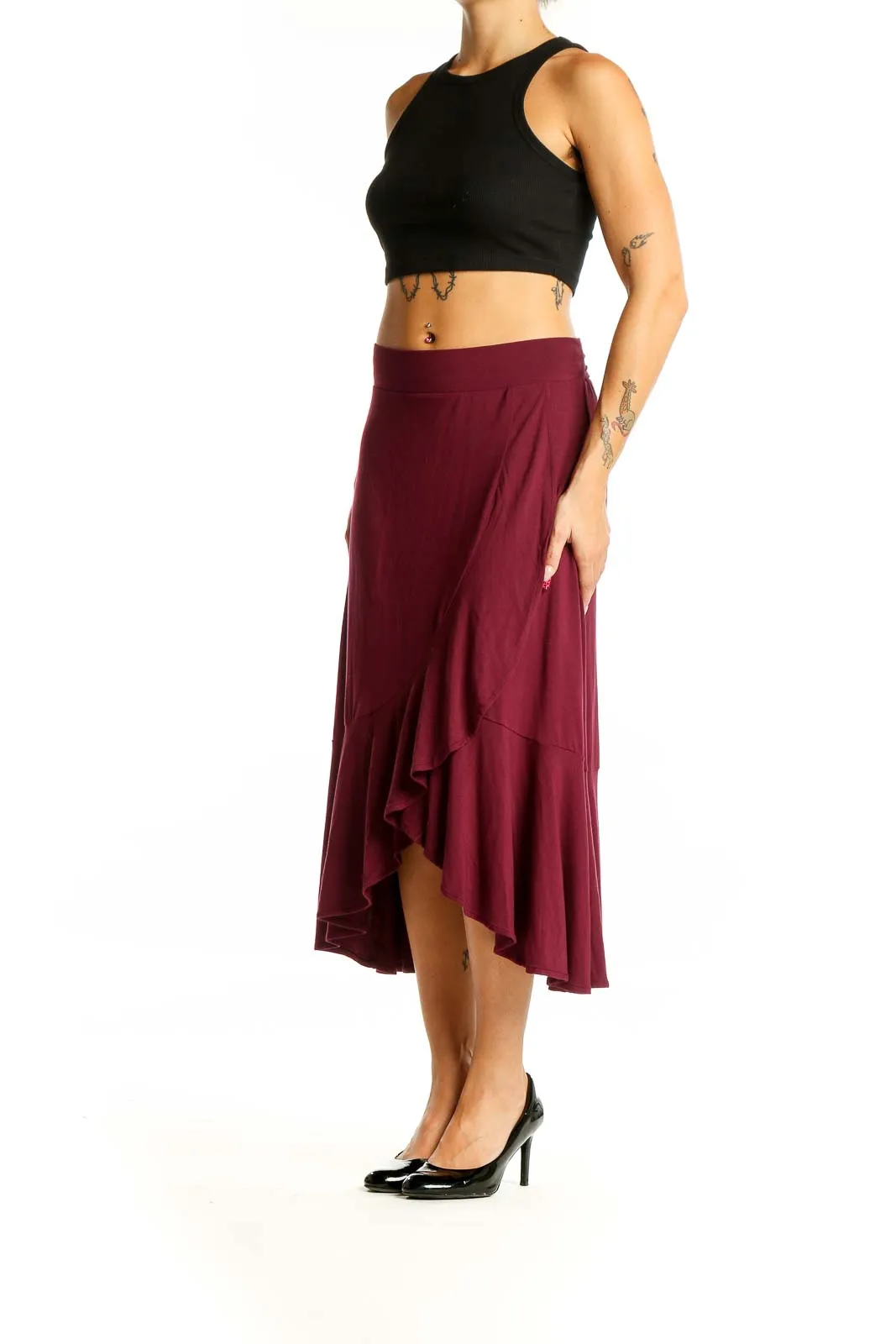 Burgundy Ruffled High-Low Midi Skirt