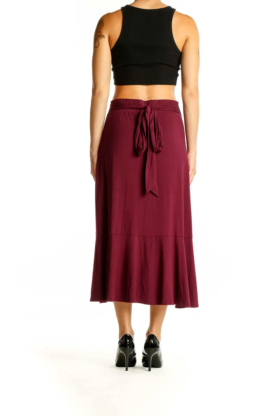 Burgundy Ruffled High-Low Midi Skirt
