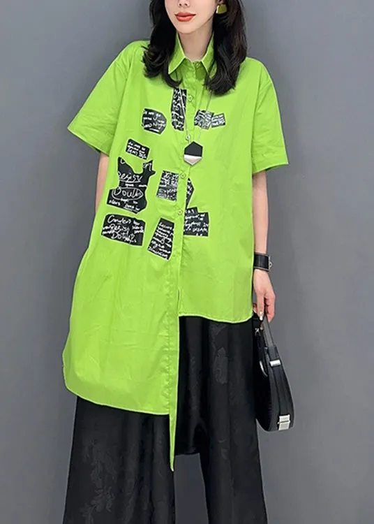 Classy Green Asymmetrical Print Button Shirts Short Sleeve LY4365
