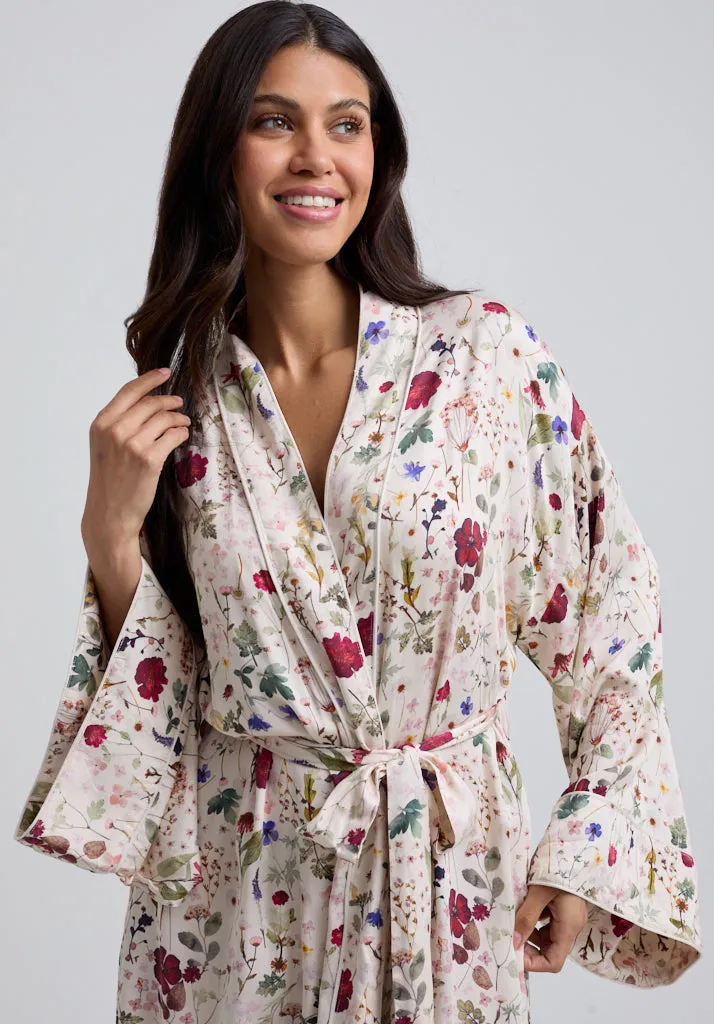 Corina Kimono Style Pressed Floral Print Robe In Cream