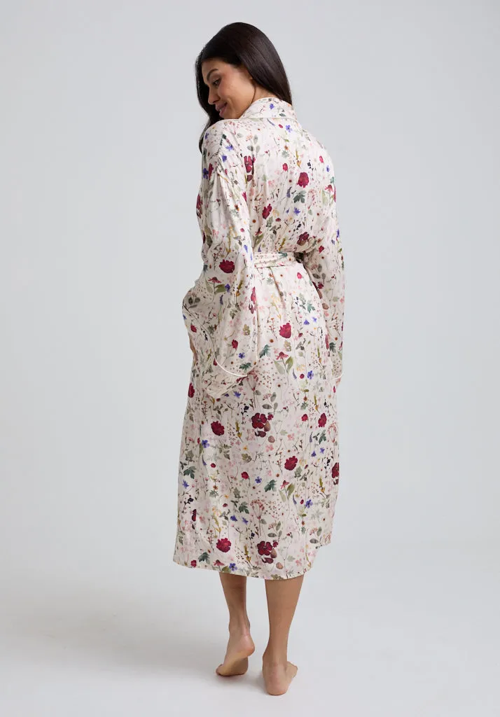 Corina Kimono Style Pressed Floral Print Robe In Cream