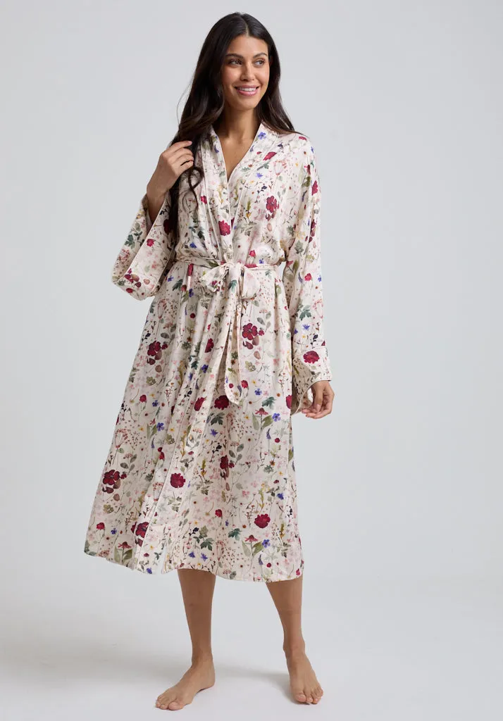 Corina Kimono Style Pressed Floral Print Robe In Cream