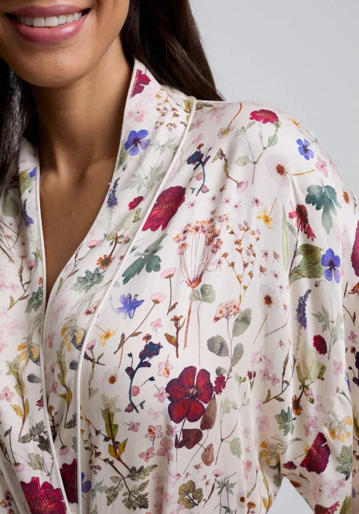 Corina Kimono Style Pressed Floral Print Robe In Cream