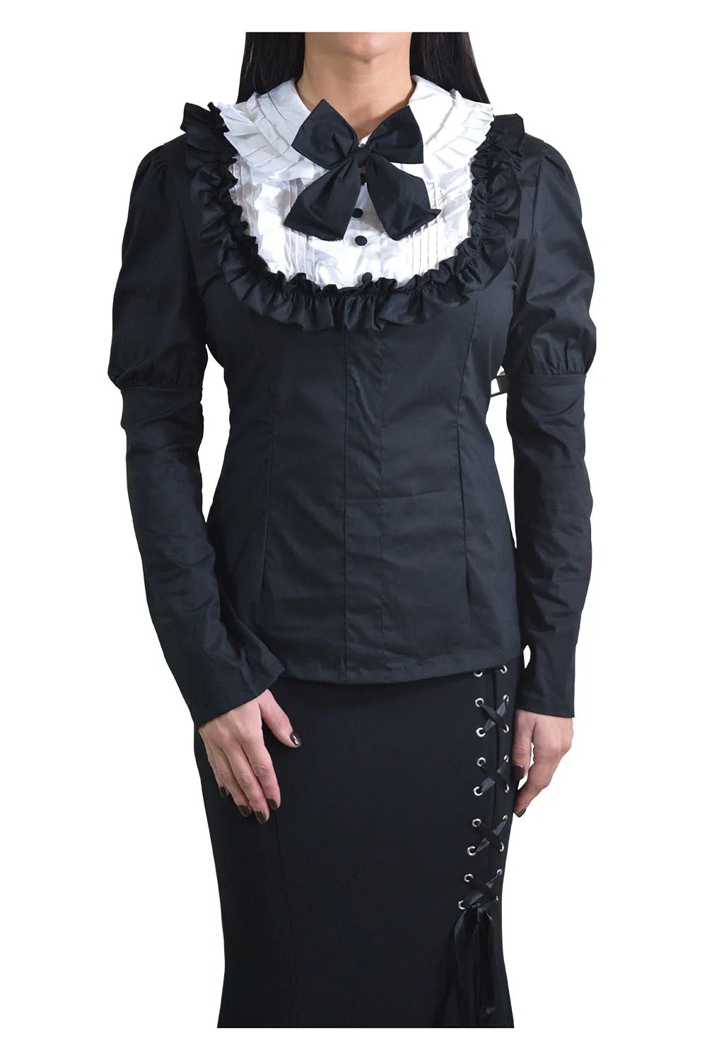 Gothic Lolita Black & White Ruffle Long Sleeves Blouse Top
