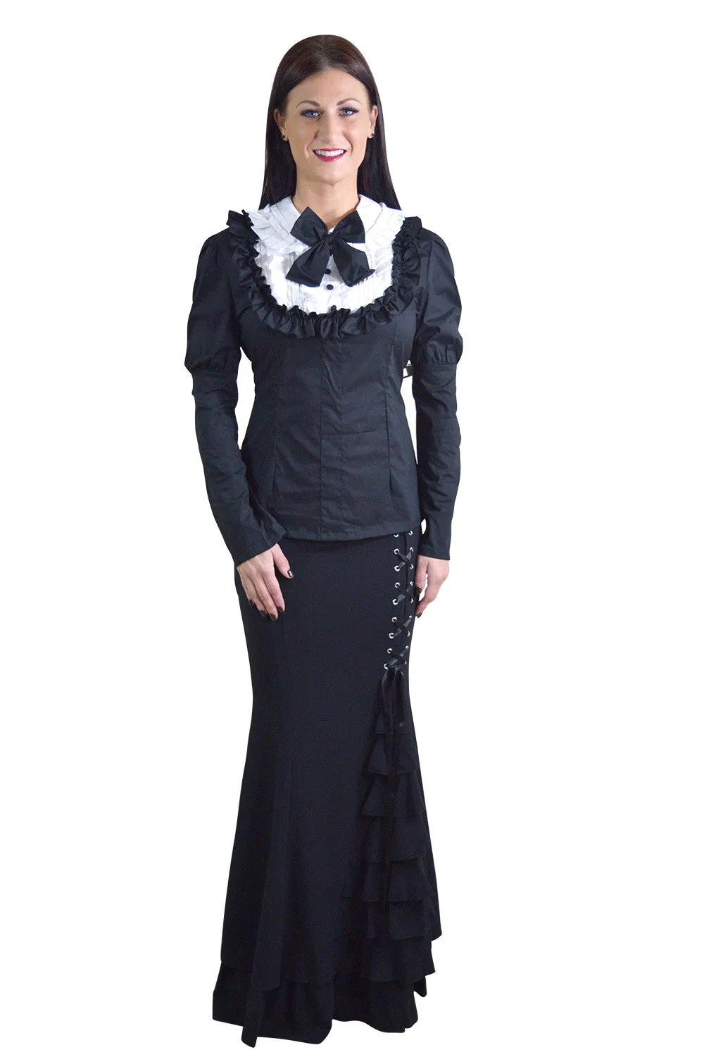 Gothic Lolita Black & White Ruffle Long Sleeves Blouse Top