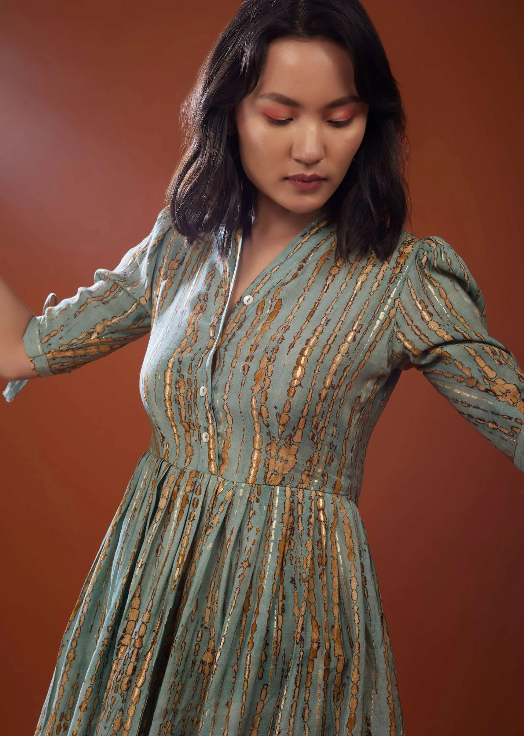 Mint Blue Printed Co-ord Set In Chaderi Silk