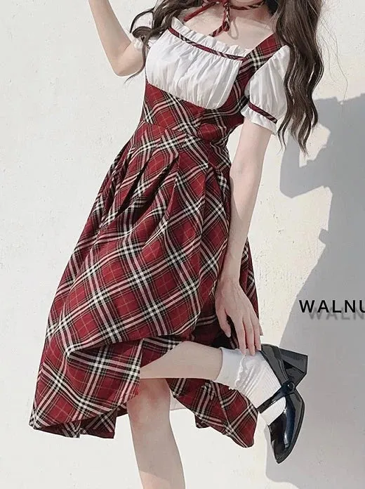 Ribbon Elegant Cake Puff Check Red Sleeve Vintage Raspberry Scottish   Dress Choker