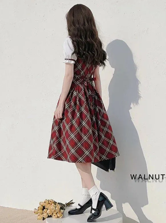 Ribbon Elegant Cake Puff Check Red Sleeve Vintage Raspberry Scottish   Dress Choker