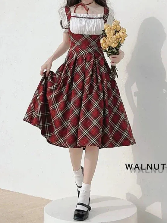 Ribbon Elegant Cake Puff Check Red Sleeve Vintage Raspberry Scottish   Dress Choker
