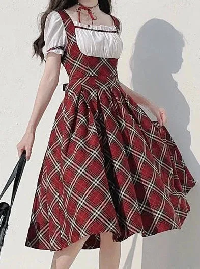 Ribbon Elegant Cake Puff Check Red Sleeve Vintage Raspberry Scottish   Dress Choker