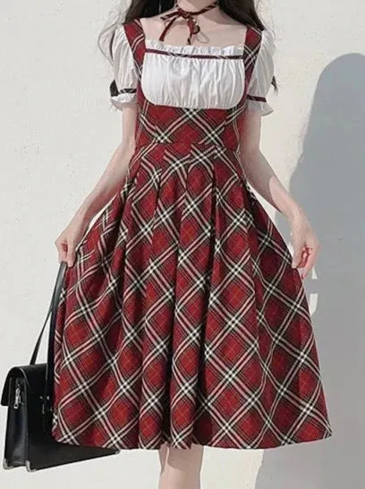 Ribbon Elegant Cake Puff Check Red Sleeve Vintage Raspberry Scottish   Dress Choker