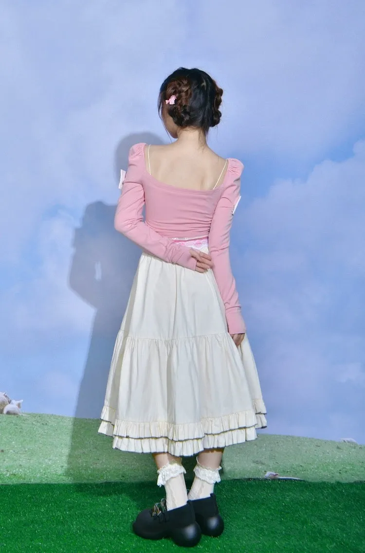 Sweet Bow Square Neck Pink Top