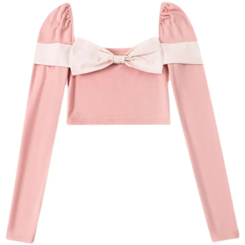 Sweet Bow Square Neck Pink Top