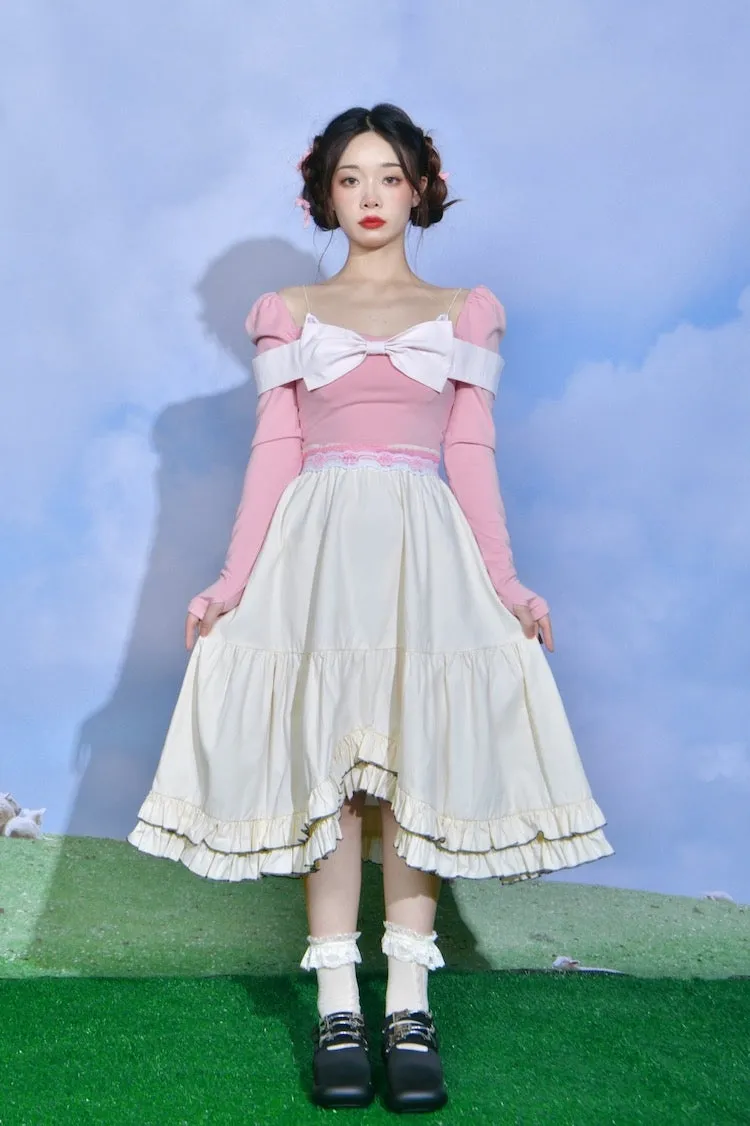 Sweet Bow Square Neck Pink Top