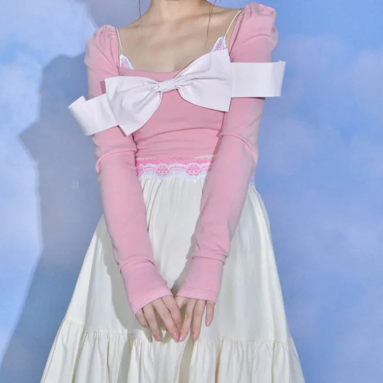 Sweet Bow Square Neck Pink Top