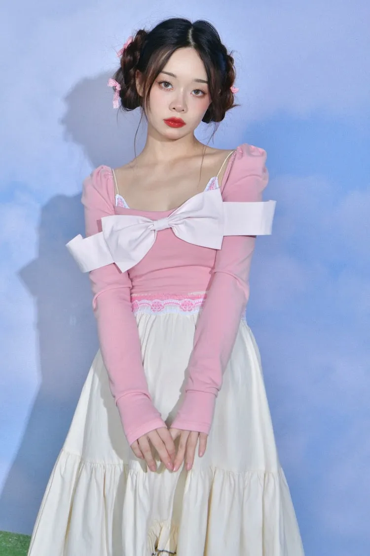 Sweet Bow Square Neck Pink Top