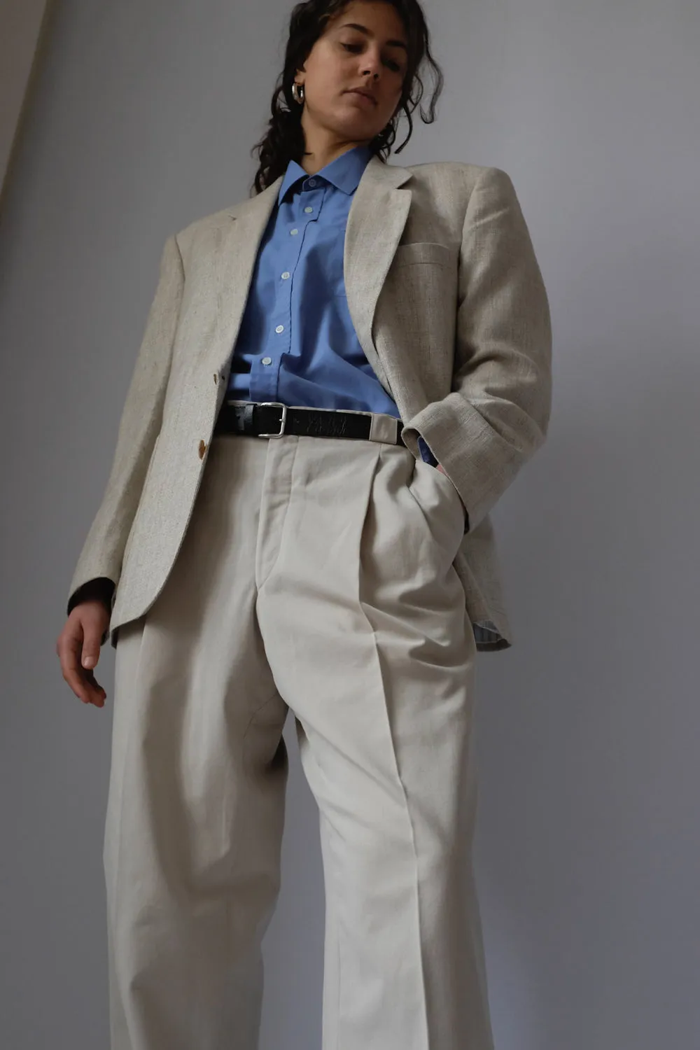 VINTAGE LINEN BLEND BEIGE BOXY BLAZER