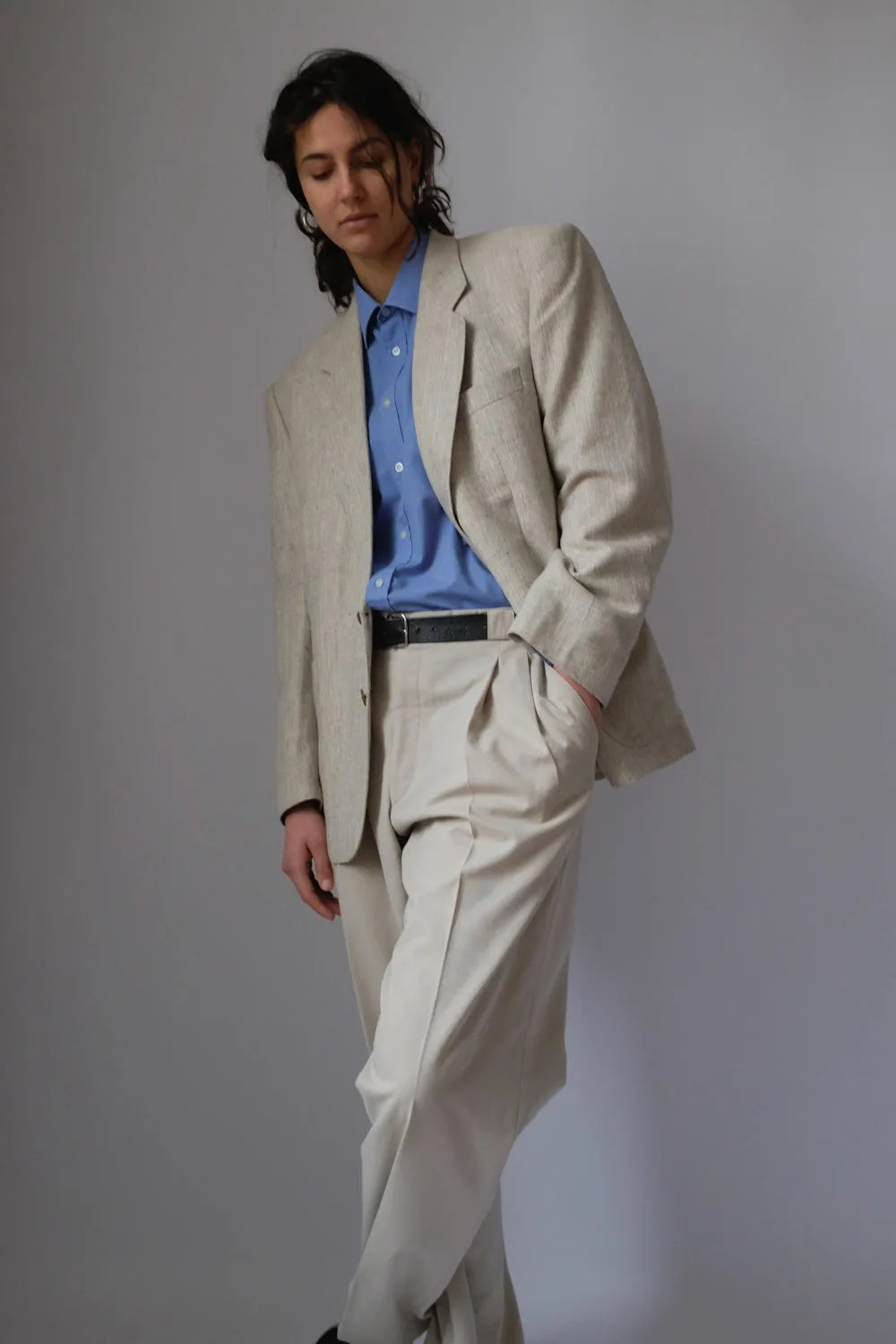 VINTAGE LINEN BLEND BEIGE BOXY BLAZER