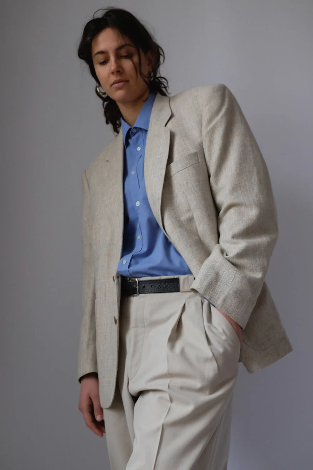 VINTAGE LINEN BLEND BEIGE BOXY BLAZER
