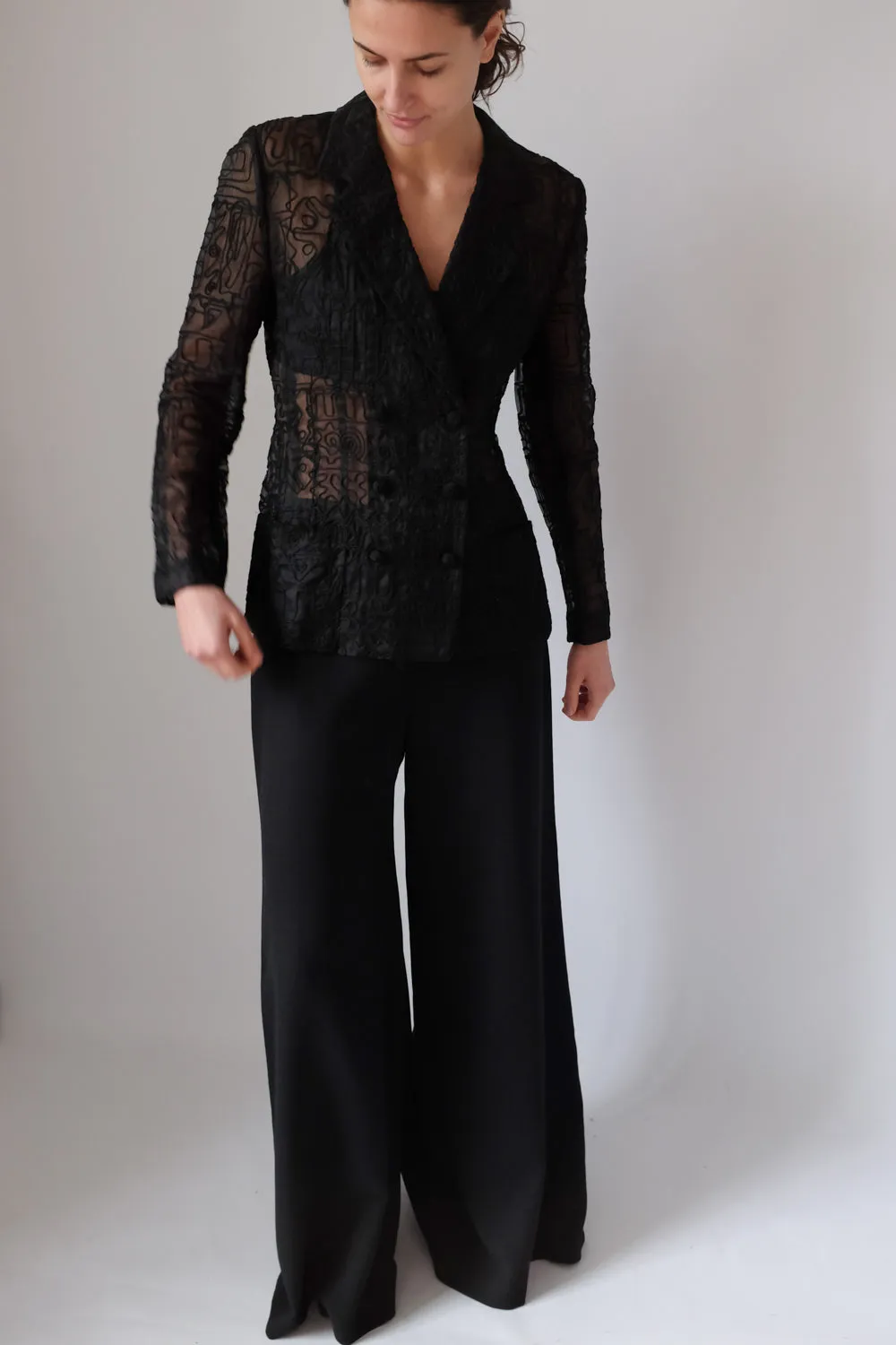 VINTAGE SEE THROUGH BLACK EMBROIDERY BLAZER