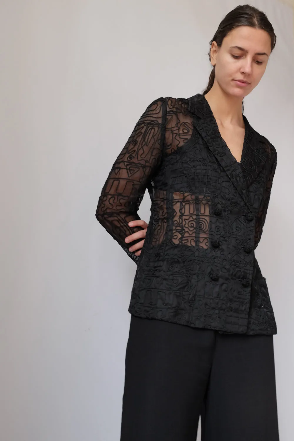 VINTAGE SEE THROUGH BLACK EMBROIDERY BLAZER
