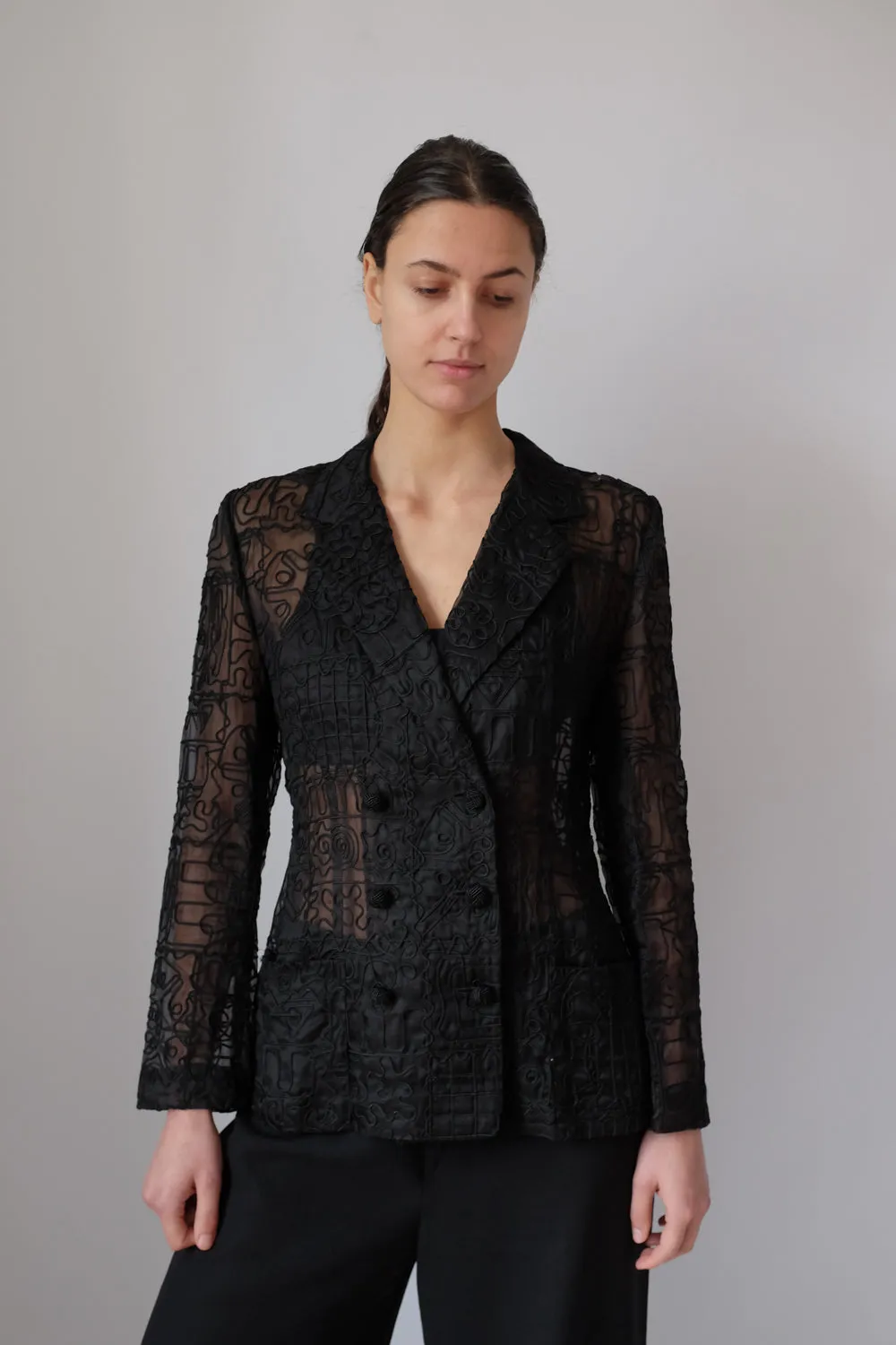 VINTAGE SEE THROUGH BLACK EMBROIDERY BLAZER