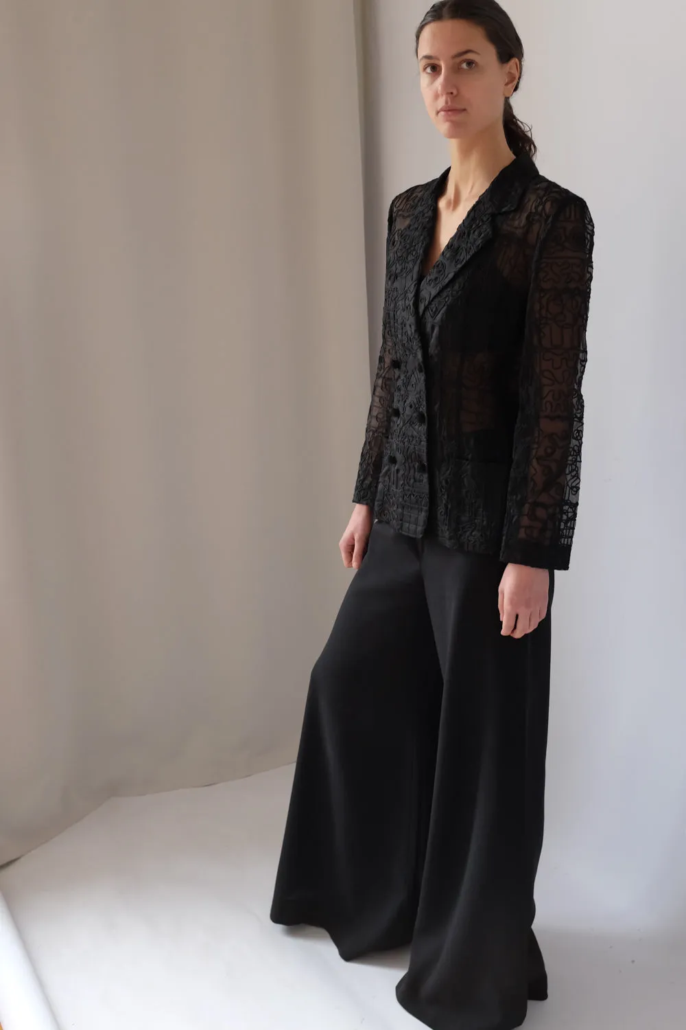 VINTAGE SEE THROUGH BLACK EMBROIDERY BLAZER