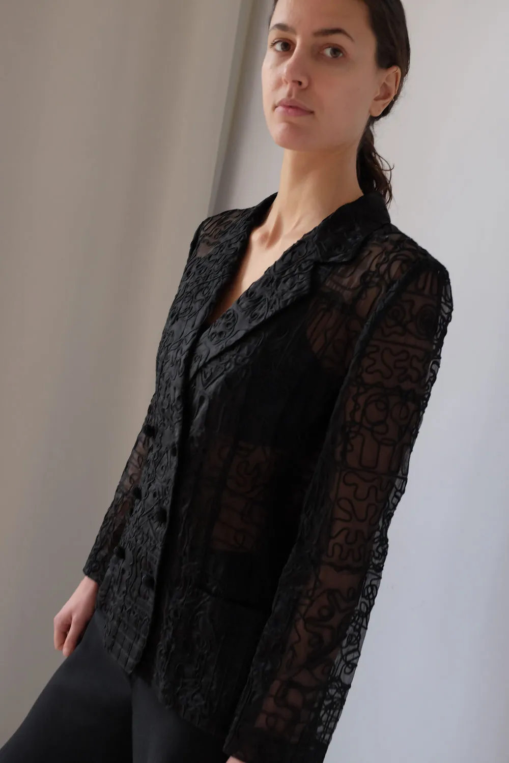 VINTAGE SEE THROUGH BLACK EMBROIDERY BLAZER