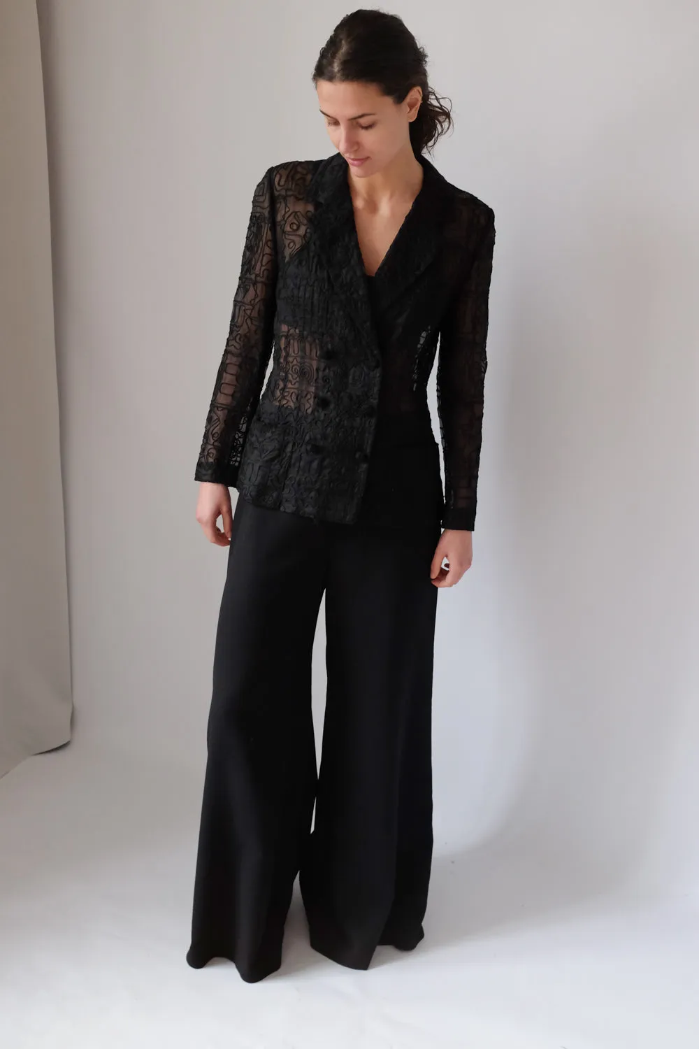 VINTAGE SEE THROUGH BLACK EMBROIDERY BLAZER