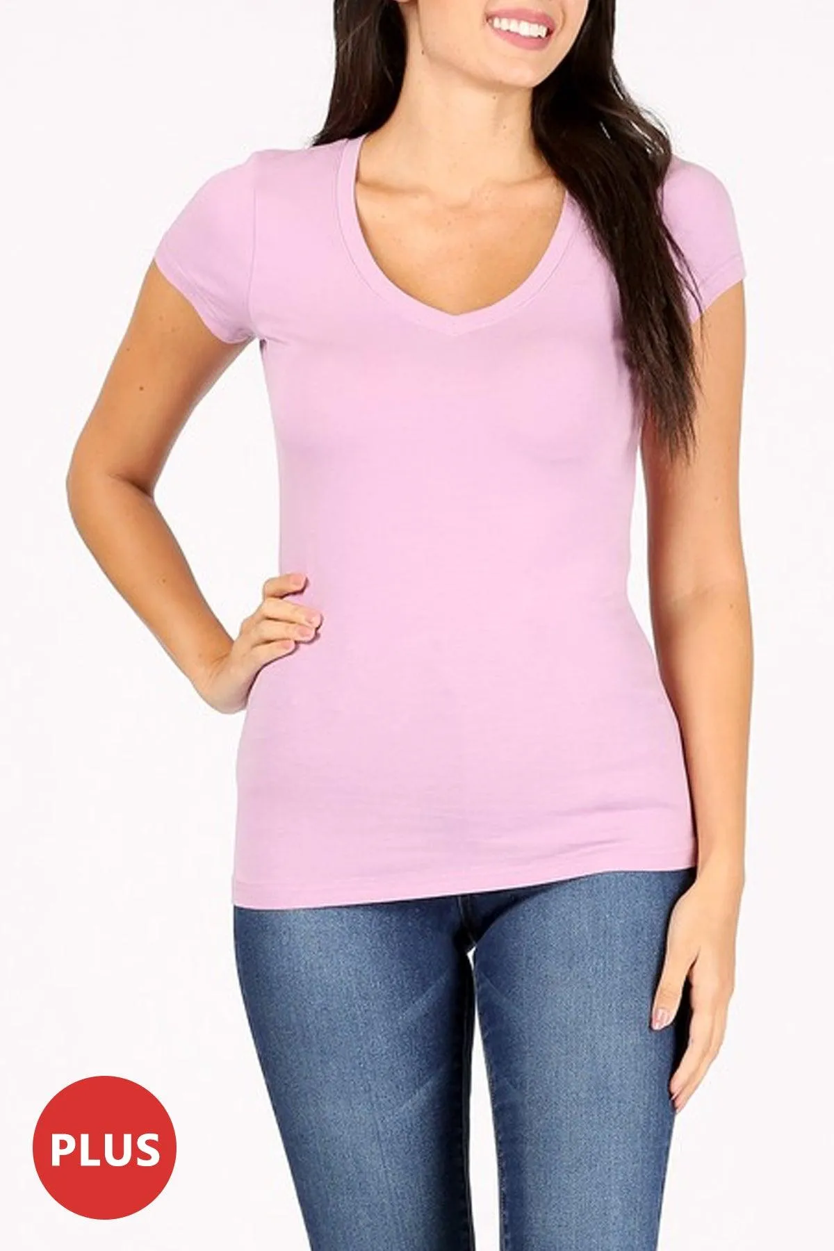 Women's Plus size Solid Basic Short Sleeve V-Neck Top